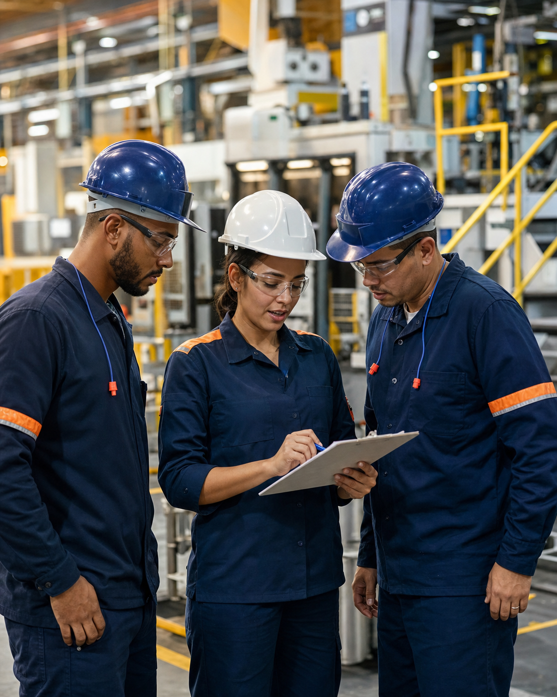 Equipe industrial analisando um processo no chão de fábrica